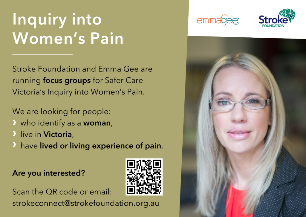 Women in pain workshop flyer with QR code to scan and email for questions